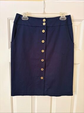 Talbots Navy Button-Front Pencil Skirt with Natural Buttons